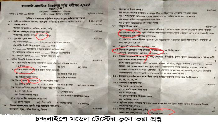 চন্দনাইশে ৫ম শ্রেণির মডেল টেস্টের প্রশ্নপত্র ভুলে ভরা