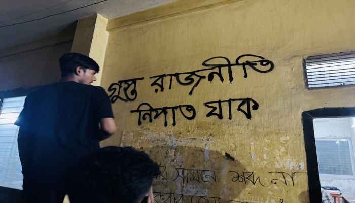ছাত্রশিবিরের গুপ্ত রাজনীতি নিষিদ্ধের দাবিতে কবি নজরুল কলেজ ছাত্রদলের দেয়াল লিখন 